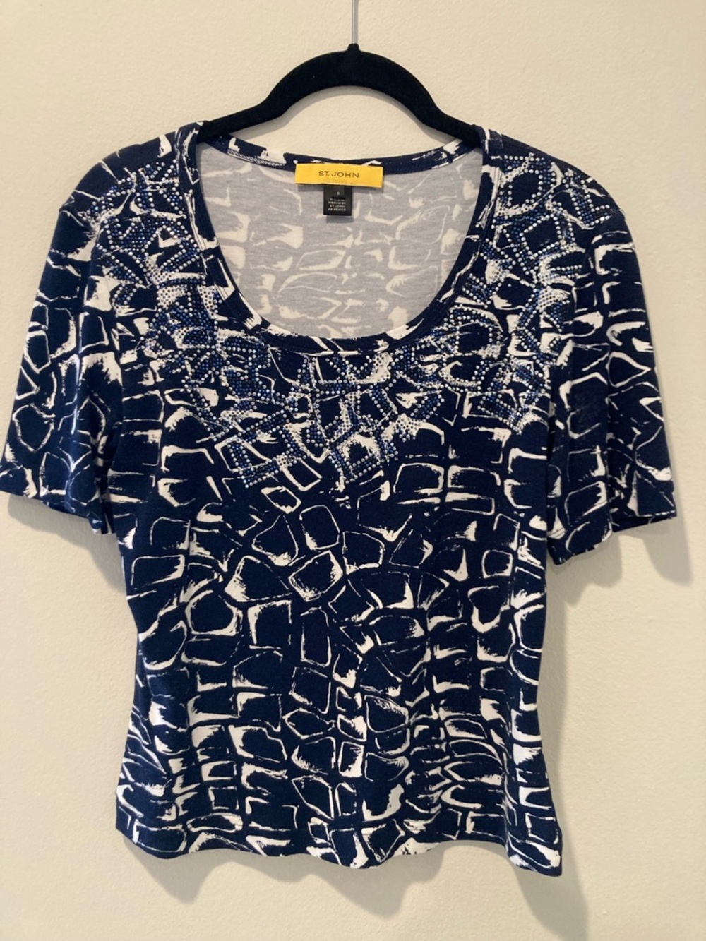 St. John Navy & White Printed Scoop Neck Top